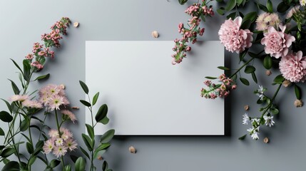 Top view mockup square white blank card sheet of paper with pink sakura flower branch Background. 3D flat greeting card Valentine mockup - obrazy, fototapety, plakaty