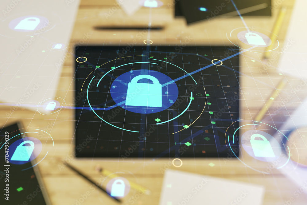 Poster double exposure of creative lock hologram with chip and digital tablet on background, top view. info