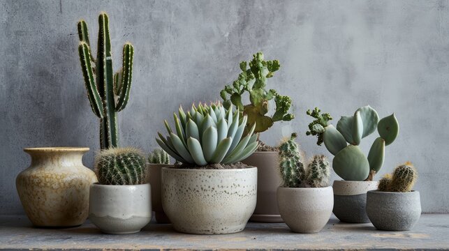  a number of different types of plants in vases on a table with a concrete wall in the back ground.