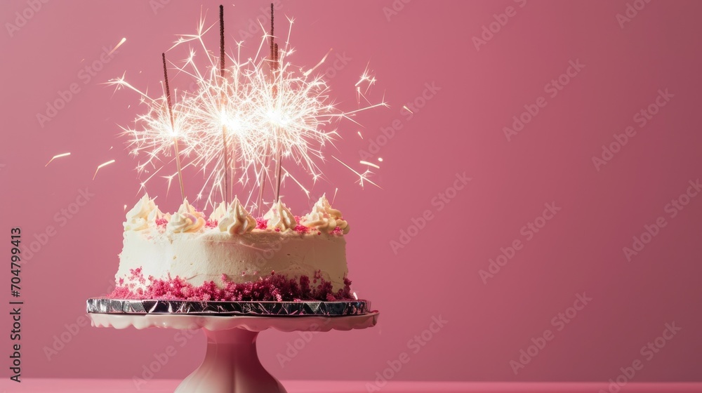 Poster a close up of a cake on a plate with a sparkler in the middle of the top of it.