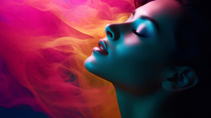 A woman's face is illuminated against a backdrop of colored smoke, creating a vibrant scene.