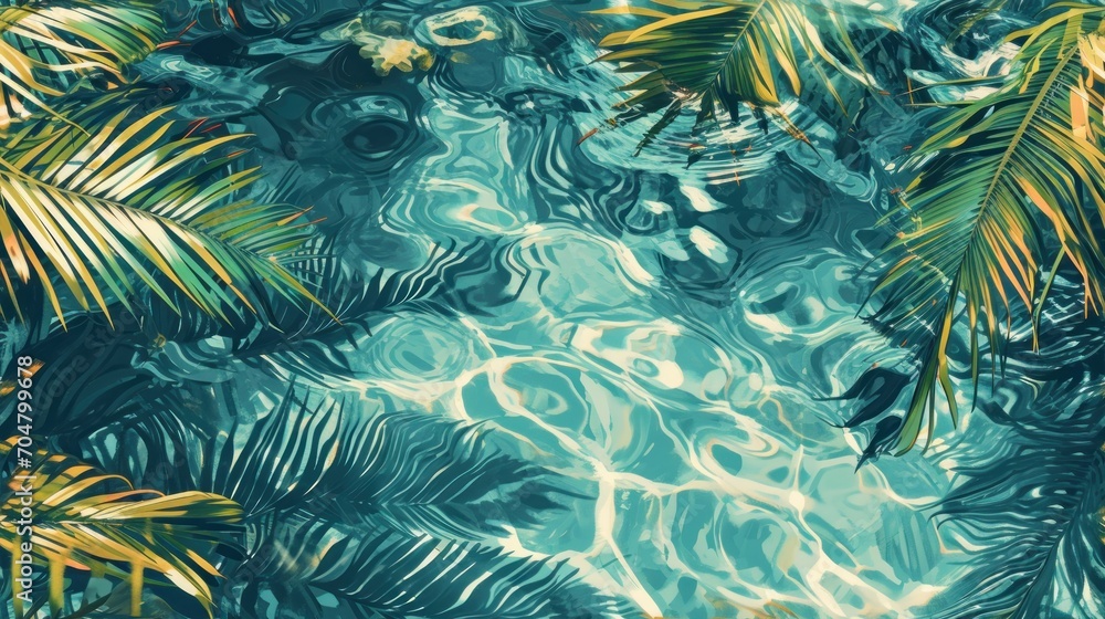 Canvas Prints  a tropical scene with palm trees, water, and a blue sky in the middle of the image is a photo of a pool of water and palm leaves.