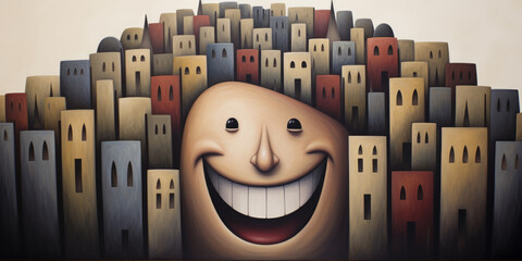 A painting depicts a face with a wide, joyful smile against a cityscape.