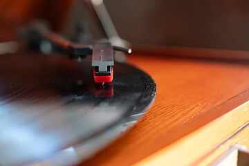 stylus playing record or LP on a music turntable