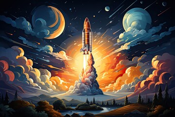 Rocket starts into space, Travel to Mars, New space rocket lift off. Space shuttle with smoke and blast takes off into space,Concept, generative Ai - Powered by Adobe