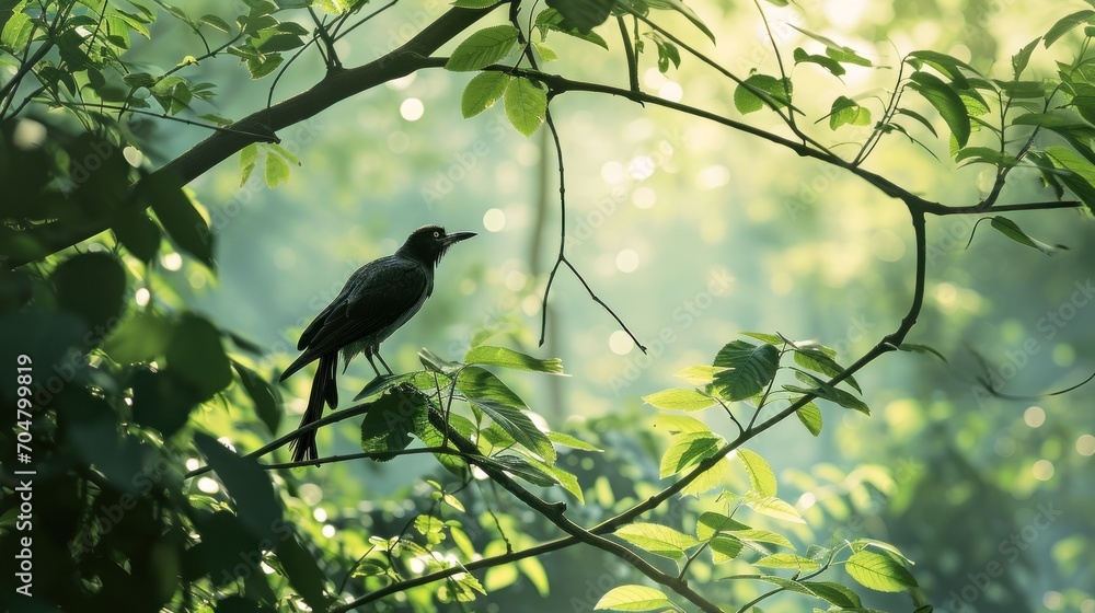 Poster a bird perched on a tree branch in a forest with sunlight streaming through the leaves and the branc