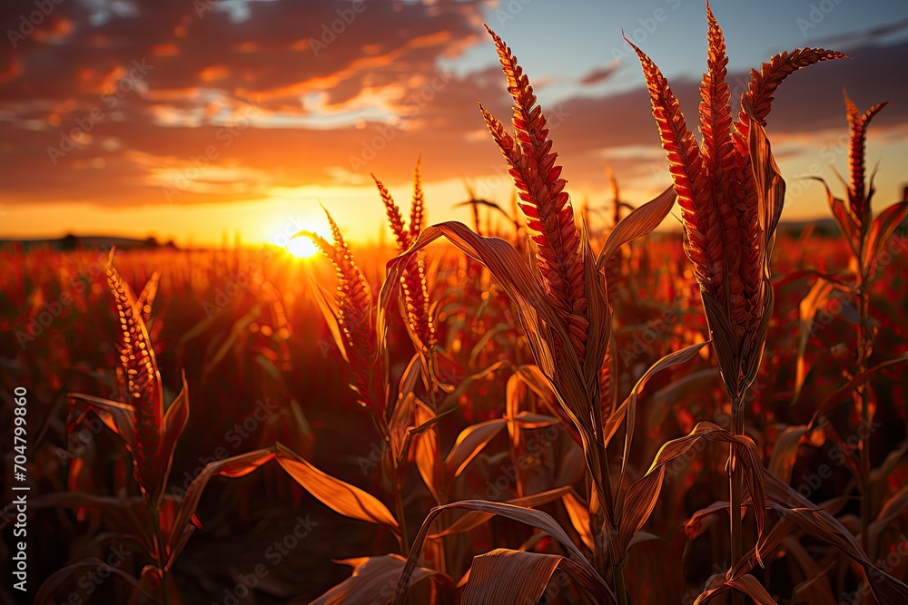 Poster large corn field with rows of planted corn, agricultural corn fields, generative ai