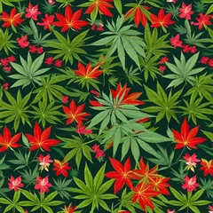 Tuinposter Red and green Christmas style marijuana cannabis leaves © Mathew