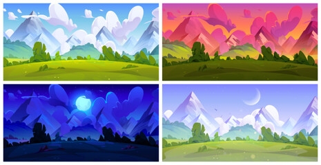 Meadow with green grass near mountain foot during four day times. Cartoon summer daytime landscape of field and trees, rocky hills and sky with clouds - sunny afternoon, dawn and sunset, dark night.