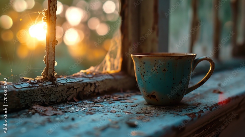 Poster a cup sitting on a window sill next to a window sill with a sun shining through the window.