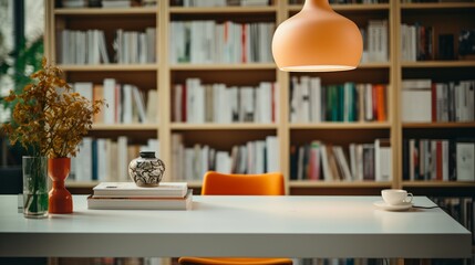 Designer's workspace with bookshelves, orange vase, and cup