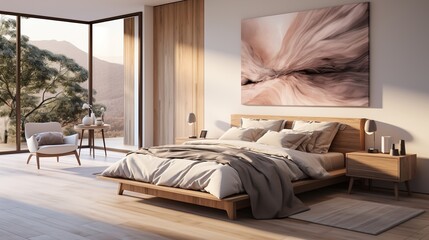 Modern bedroom interior with large windows and a mountain view