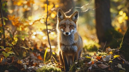  a red fox standing in the middle of a forest with leaves on the ground and sunlight shining through the trees. - obrazy, fototapety, plakaty