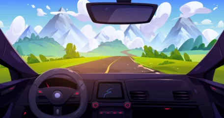 Afwasbaar Fotobehang Auto cartoon View from car through windshield on road going across meadow with green grass to high rocky mountains under blue sky with clouds. Summer landscape through automobile window with navigation panel.