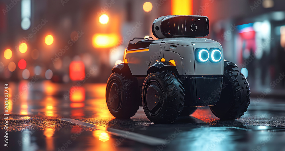 Poster modern delivery robot delivering packages around the city. generative ai.