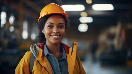 portrait of a young african american woman wearing a hardhat in a factory - obrazy, fototapety, plakaty