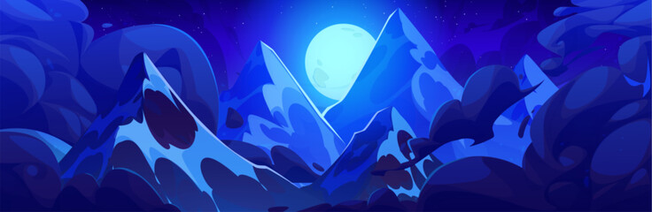 Top of high rocky mountains above clouds at night with moonlight. Cartoon vector illustration dark dusk landscape with stone hill peaks with haze and fog against blue sky with full moon light.