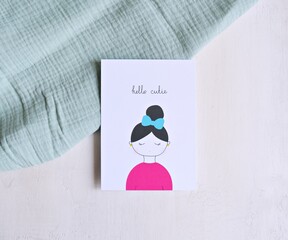 Post card with a cute dreamy black hair girl