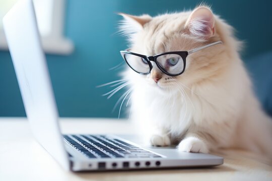 Cute smart cat in glasses works with a laptop. AI generative - Powered by Adobe