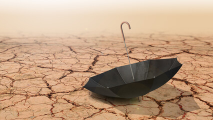 Umbrella on dry land caused by drought and lack of rain due to climate change - obrazy, fototapety, plakaty