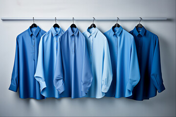 Mens Shirt Hanging in Wardrobe: Blue Cotton Apparel on Hanger, Generative Ai