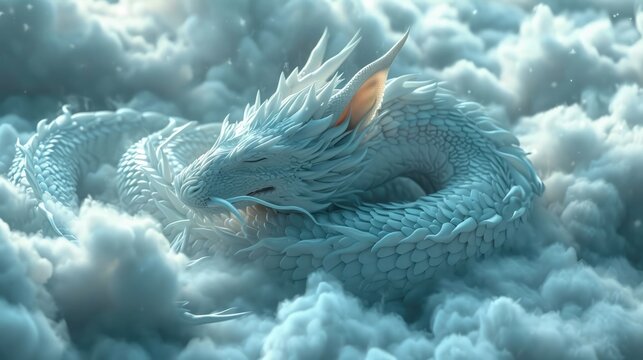 Dragon sleeping on clouds. Generative AI.