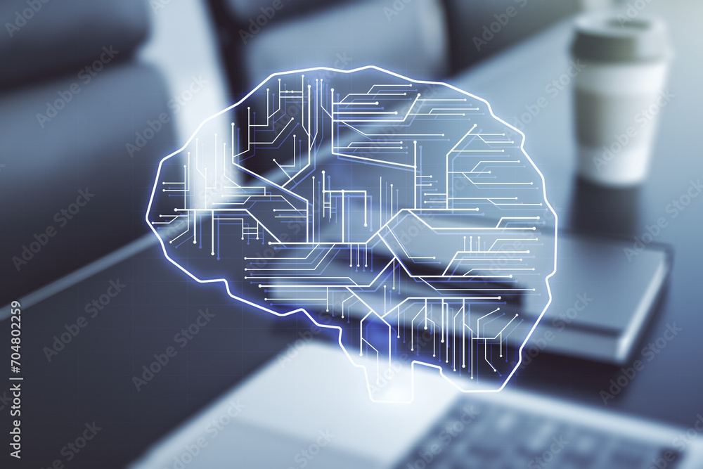 Aufkleber Double exposure of creative artificial Intelligence symbol with modern laptop on background. Neural networks and machine learning concept