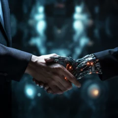 Schilderijen op glas Man and robot shaking hands, cooperation, technology, human-machine relationship, artificial intelligence  © StellarK