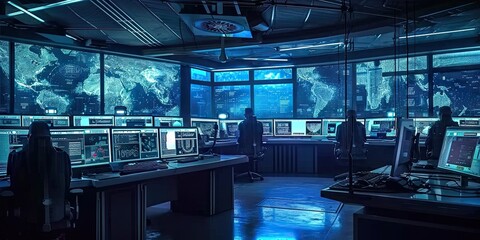 Innovative command hub. Futuristic technology center with holographic screens by corporate professionals creating vision of future workspace ideal for depicting information management and control