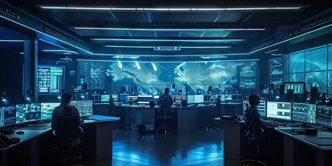 Innovative command hub. Futuristic technology center with holographic screens by corporate...