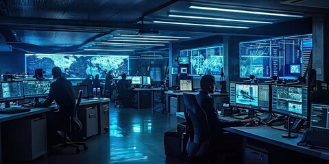 Innovative command hub. Futuristic technology center with holographic screens by corporate professionals creating vision of future workspace ideal for depicting information management and control