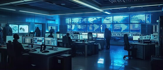 Innovative command hub. Futuristic technology center with holographic screens by corporate professionals creating vision of future workspace ideal for depicting information management and control