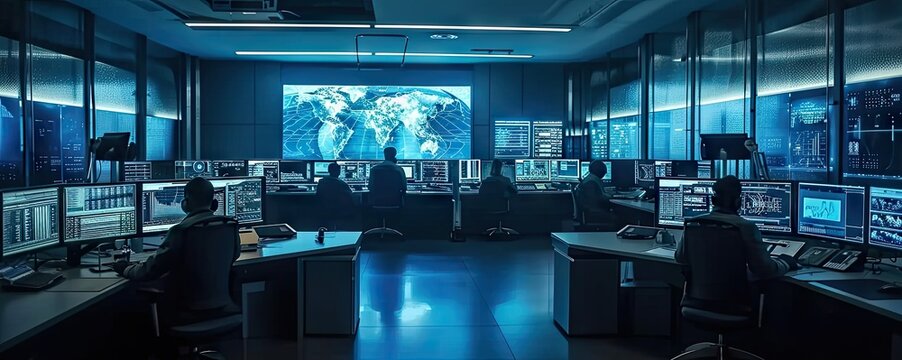 Innovative command hub. Futuristic technology center with holographic screens by corporate professionals creating vision of future workspace ideal for depicting information management and control