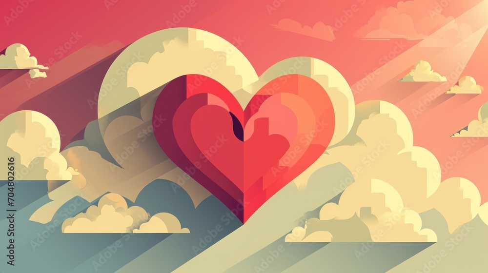 Aufkleber a red heart sitting on top of a pile of clouds in the middle of a red sky with clouds in the backgro