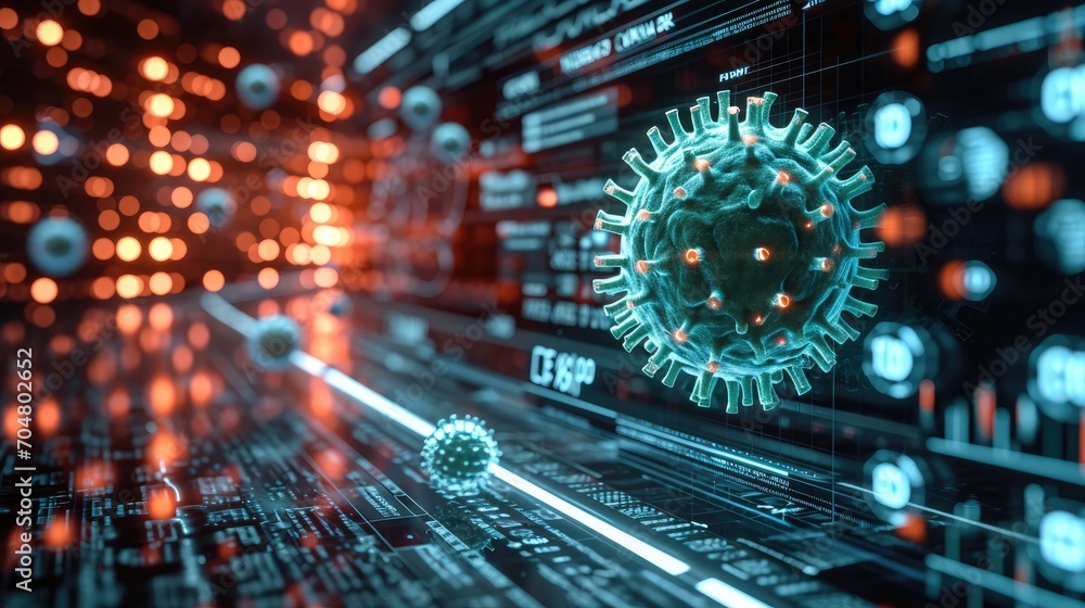 Poster Cybersecurity Software Detecting a Virus, Visualize a powerful cybersecurity software interface on a computer screen actively detecting and quarantining a computer virus. Generative AI.