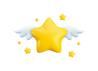 Vector cartoon 3d gold star with wings flying in starry sky on white background. Realistic render feedback symbol, game success concept, cute childish baby shower illustration.