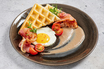 belgian waffle with fried egg and bacon