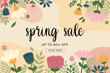 Spring sale background poster template. Vector abstract background with colorful leaves and flowers background. For vouchers, wallpaper, banners, headers, social media, sales, coupon discounts. - obrazy, fototapety, plakaty