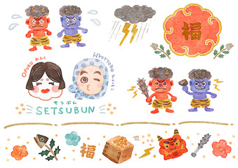 節分イラストセット_水彩風