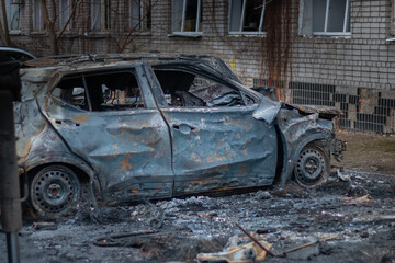 Dnepr, Ukraine &ndash; January 6: Russian drones attacked the Dnieper. Burnt and damaged cars in the Dnieper. Utility services clean up the aftermath of the attack on the city.