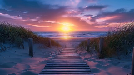 A wooden walkway leading towards the beach at sunset. Generative AI. - obrazy, fototapety, plakaty