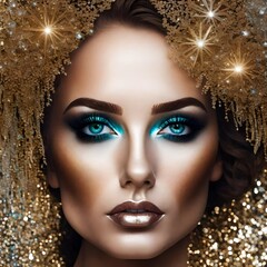 close-up photograph of a model gorgeous face of a woman made of glitter and sparkles and jewelry 