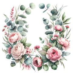 Watercolor floral illustration. Pink flowers and eucalyptus greenery bouquet. Dusty roses, soft light blush peony - border, wreath, frame. Perfect wedding stationary, greetings, fashion, PNG element.