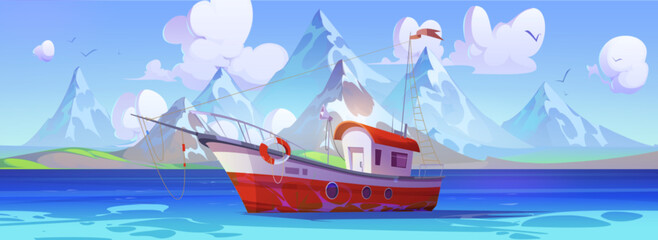 Fish boat floating on calm blue water of lake, sea or ocean with rocky mountains and trees on horizon. Cartoon marine sunny landscape with fisherman ship. Vector illustration of vessel in harbor.