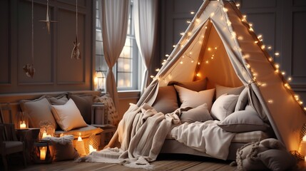Fototapeta na wymiar Cozy Teepee Tent with Fairy Lights