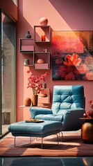 Blue leather chair in a pink living room
