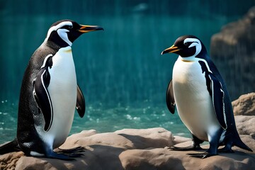 Describe a penguin's encounter with a friendly seal and the unlikely friendship that ensues - obrazy, fototapety, plakaty