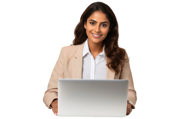 Professional woman using a laptop isolated on transparent background.
