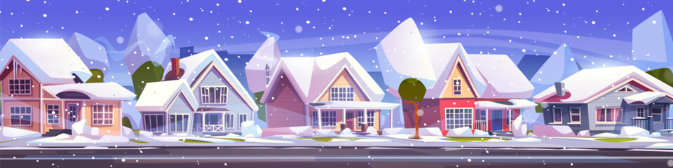 Naklejka premium Suburban town street in winter. Vector cartoon illustration of cottage houses along rural alley, smoke rising from chimneys, snow piles on trees and bushes, snowfall in modern housing neighborhood
