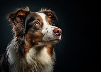 close-up portrait of an Australian Shepherd in a dark room